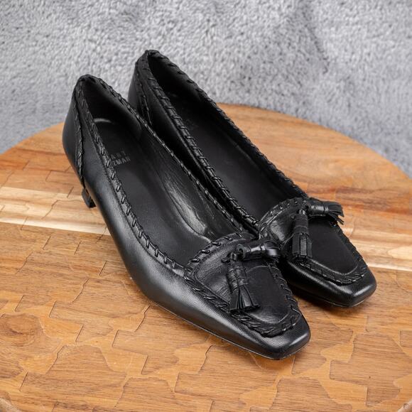 STUART WEITZMAN Pewter Black Comfort Tassels Whip Stitch Loafer Shoe 6.5M Spain - Picture 1 of 6